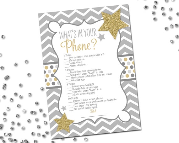 What's In Your Phone Game - Star Theme Baby Shower - Twinkle Twinkle Baby Shower - Stars - Gray Gold White - INSTANT DOWNLOAD - Printable Il_570xn