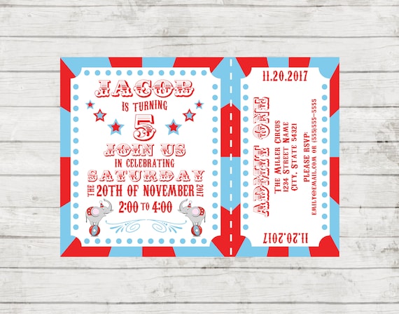 Circus Carnival Theme Birthday Party Invitation - Circus Party - Carnival Party - Elephants - Ticket Style - Red and Blue - Printable Il_570xn