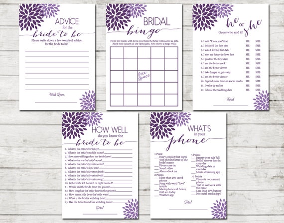 Bridal Shower Games - Purple Flowers - Advice for Bride, Bingo, He or She, How Well Do You Know Bride, Phone Game - Purple - Printable Il_570xn
