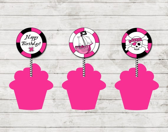 Cupcake Toppers - Pirate Princess Theme Birthday Party - Pink and Black - Party Circles - INSTANT DOWNLOAD - Printable Il_570xn