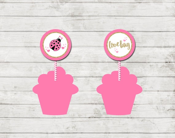 Cupcake Toppers - Valentines Baby Shower - Lady Bug - Lady Bug Valentine Shower - Pink Black and Gold - INSTANT DOWNLOAD - Printable Il_570xn