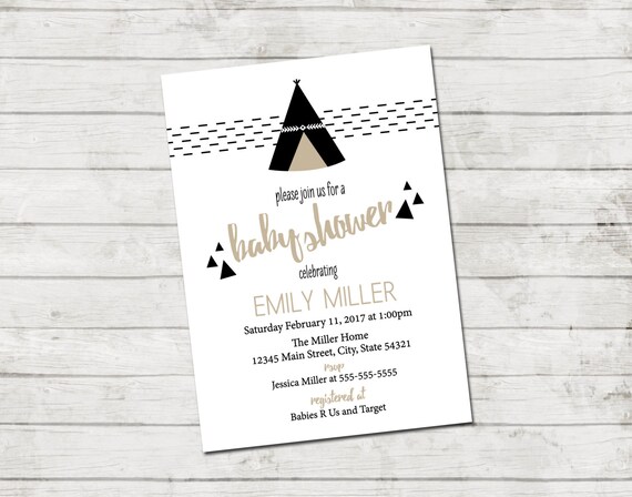 Tee Pee Baby Shower Invitation - Tee Pee Baby Shower - Modern Baby Shower - Tee Pee Invite - Triangles - Black Tan and White - Printable Il_570xn