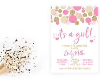 Pink and Gold It's a Girl Baby Shower Invitation - Girl Baby Shower - Hearts and Confetti - Printable