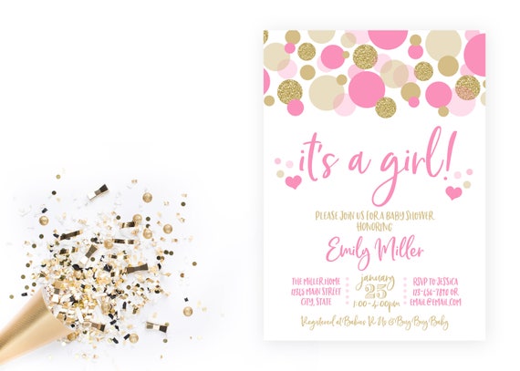 Pink and Gold It's a Girl Baby Shower Invitation - Girl Baby Shower - Hearts and Confetti - Printable Il_570xn