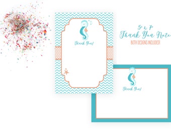 Thank You Note - Seahorse Baby Shower - Under the Sea - Teal Turquoise Orange - Chevron Stripes - INSTANT DOWNLOAD - Printable