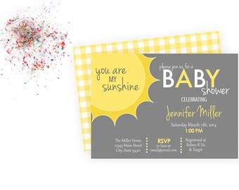 You Are My Sunshine Baby Shower Invitation - Corner Sun - Grey and Yellow - Gingham BACKSIDE INCLUDED - Printable