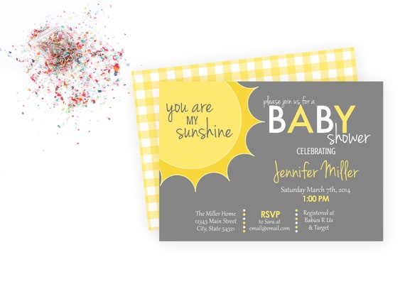 You Are My Sunshine Baby Shower Invitation - Corner Sun - Grey and Yellow - Gingham BACKSIDE INCLUDED - Printable Il_570xn