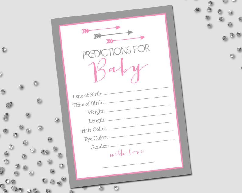 Baby Predictions Arrow Baby Shower Modern Baby Shower Pink White and Grey INSTANT DOWNLOAD Printable image 1