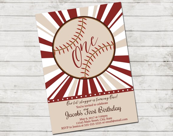 Baseball Birthday Party Invitation - Lil Slugger - Vintage Style - First Birthday - Red and Tan - Printable Il_570xn