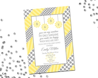 You Are My Sunshine Baby Shower Invitation - Grey and Yellow Polka Dots and Stripes - DIY - Printable