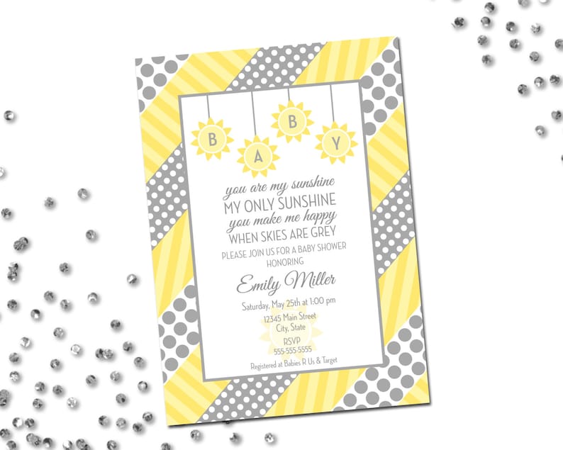 You Are My Sunshine Baby Shower Invitation - Grey and Yellow Polka Dots and Stripes - DIY - Printable 