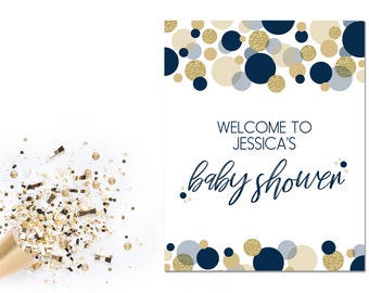 Welcome Sign - Blue and Gold Baby Shower - Baby Shower Gifts & Cards Sign - Printable