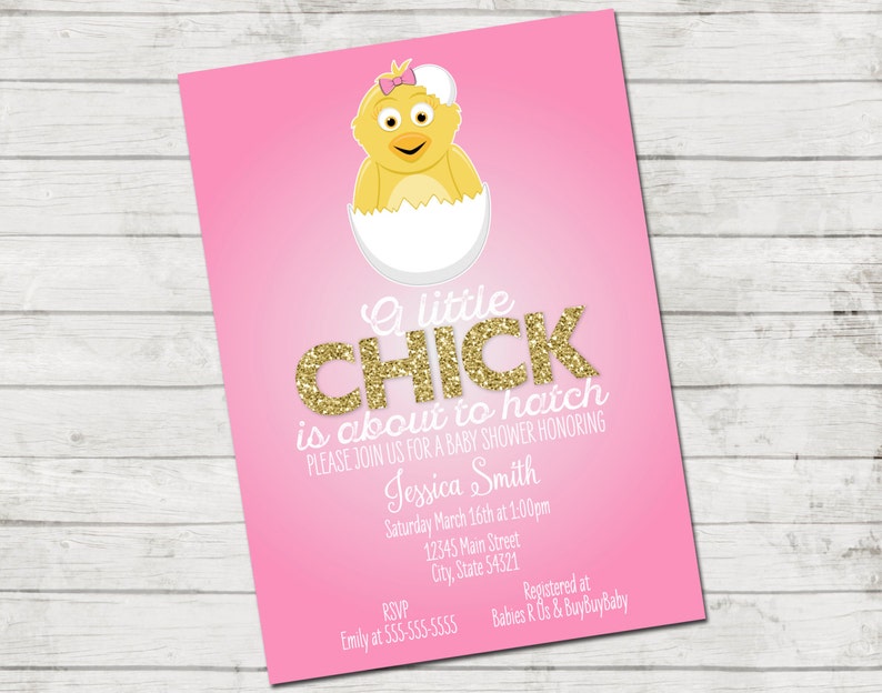 Little Chick Baby Shower Invitation About to Hatch Chick Baby Shower Easter Baby Shower Pink White and Gold Printable image 1