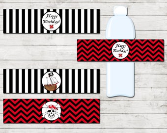 Water Bottle Labels - Pirate Theme Birthday Party - Red and Black - Chevron Stripes - Stripes - INSTANT DOWNLOAD - Printable