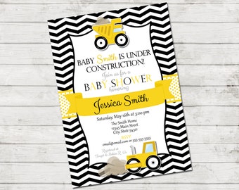 Construction Baby Shower Invitation - Under Construction - Chevron Stripes - Black Yellow Grey - Printable