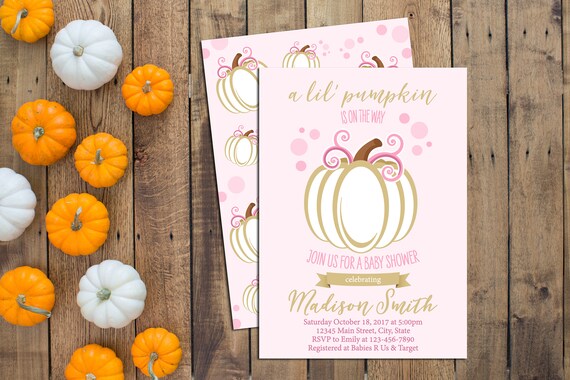 Little Pumpkin Baby Shower Invitation - Fall Baby Shower - Pumpkins - Pink and Gold - Pumpkin Backside INCLUDED - Printable Il_570xn