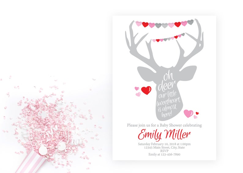 Valentines Baby Shower Invitation Oh Deer Valentine Shower Deer Hearts Pink Red Gray Printable image 1