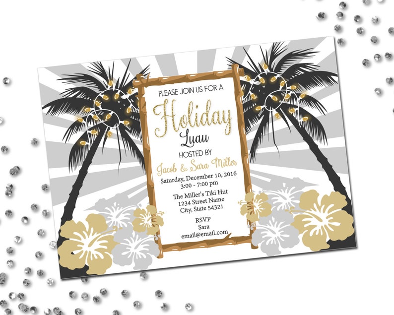 Holiday Luau Invitation Luau Holiday Invite Christmas Luau Holiday Party Lights Palm Trees Gray White Gold Printable image 1