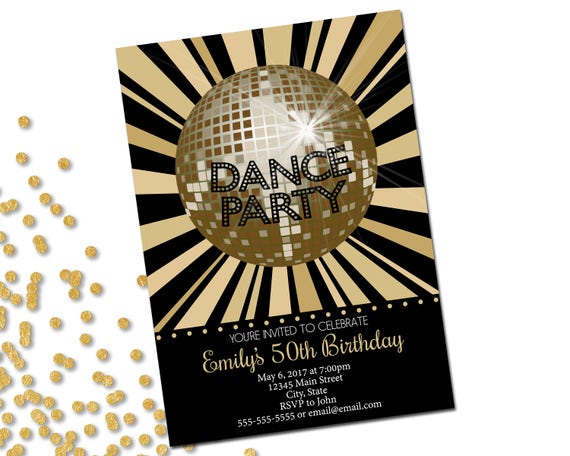 Dance Disco Party Invitation - Birthday Party Invitation - Disco Ball - Gold and Black - Printable Il_570xn