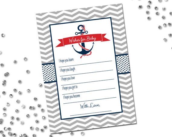 Wishes for Baby - Nautical Baby Shower - Chevron Stripes - Red Navy Blue Grey - INSTANT DOWNLOAD - Printable Il_570xn