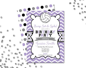 Volleyball Birthday Party Invitation - Chevron Stripes - Purple and Black - Polka Dots BACKSIDE INCLUDED - DIY - Printable