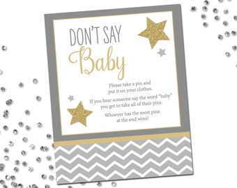 Don't Say Baby Game - Star Theme Baby Shower - Twinkle Twinkle Baby Shower - Stars - Gray Gold White - INSTANT DOWNLOAD - Printable