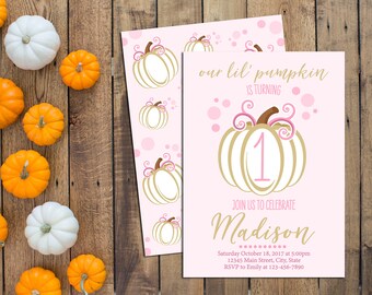 Little Pumpkin Birthday Party Invitation - Fall Birthday Party - Pink and Gold - Pumpkin Backside INCLUDED - Printable