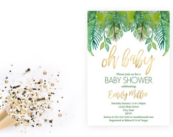 Green Tropical Leaves and Gold Baby Shower Invitation - Oh Baby Tropical - Tropical Baby Shower - Printable