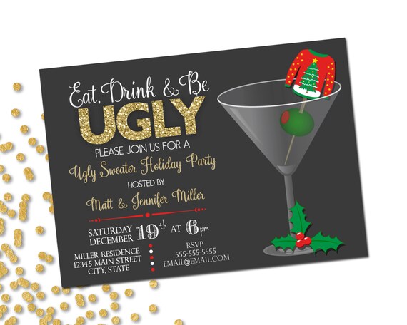 Ugly Sweater Holiday Party Invitation - Eat Drink Be Ugly - Christmas Party - Ugly Sweater Martini - Red Green Grey Gold - Printable Il_570xn