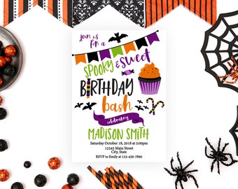 Halloween Birthday Party Invitation - Spooky & Sweet Birthday - Bats Candy - Purple Green Orange Black - Digital Invitation - Printable