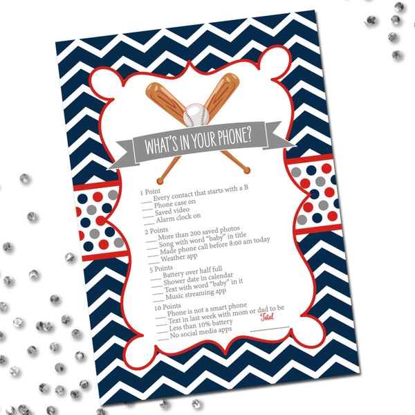 What's In Your Phone Game - Baseball Baby Shower - Chevron Stripes - Navy Blue Red and Grey - INSTANT DOWNLOAD - Printable
