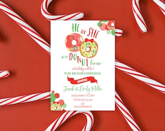 He or She Donut Invitation - Christmas Gender Reveal Invitation - Holiday Winter - Gender Reveal Shower - Red Green - Digital or Printable