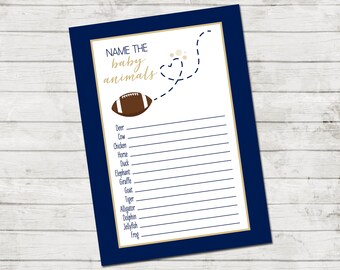 Baby Animals Game - Football Baby Shower - Baby Shower Game - Football and Heart - Blue and Tan Brown - INSTANT DOWNLOAD - Printable