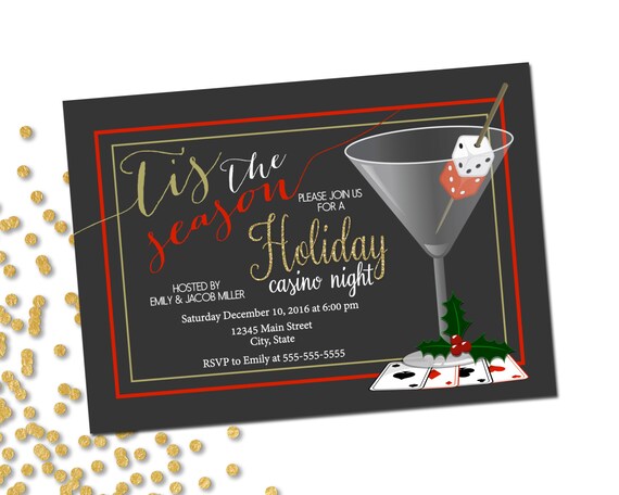 Holiday Party Invitation - Casino Holiday Party - Casino Night - Martini Glass - Christmas Party - Portrait - Red Green - Printable Il_570xn