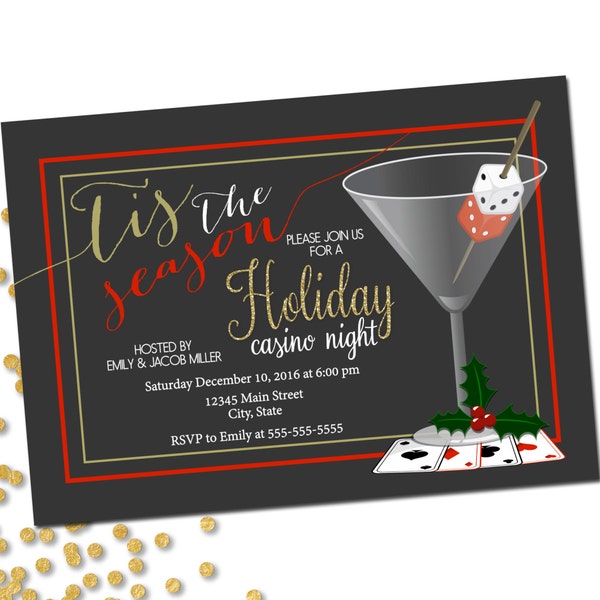 Holiday Party Invitation - Casino Holiday Party - Casino Night - Martini Glass - Christmas Party - Portrait - Red Green - Printable