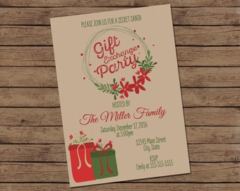 Gift Exchange Holiday Party Invitation - Secret Santa - Christmas Party - Holiday Party - Gift Exchange - Red Green Tan - Printable