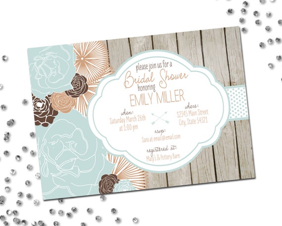 Bridal Shower Invitation - Flowers - Floral Bridal Shower - Tan Brown and Light Blue Green - Wood Background - Printable Il_570xn