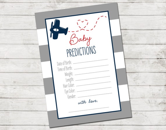 Baby Predictions - Airplane Baby Shower - Baby Shower Game - Large Grey White Stripes - Red and Blue - INSTANT DOWNLOAD - Printable Il_570xn