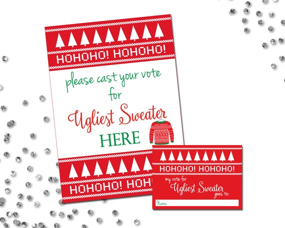 Ugly Sweater Party Voting Sign and Cards - Ugly Sweater Holiday Party - Ugly Sweater Pattern - Red and White - INSTANT DOWNLOAD - Printable Il_570xn