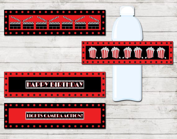 INSTANT DOWNLOAD - Water Bottle Labels - Movie Theme - Red Black and White - DIY - Printable Il_570xn