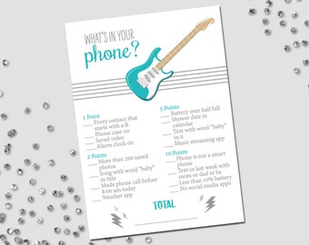 What's In Your Phone Game - Rockstar Baby Shower - Guitar and Lightning Bolts - Stripes - Teal Turquoise Gray - INSTANT DOWNLOAD - Printable