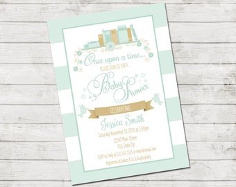 Storybook Baby Shower Invitation - Book Baby Shower - Storybook Theme - Story Book - Mint and Gold - - Stripes - Printable