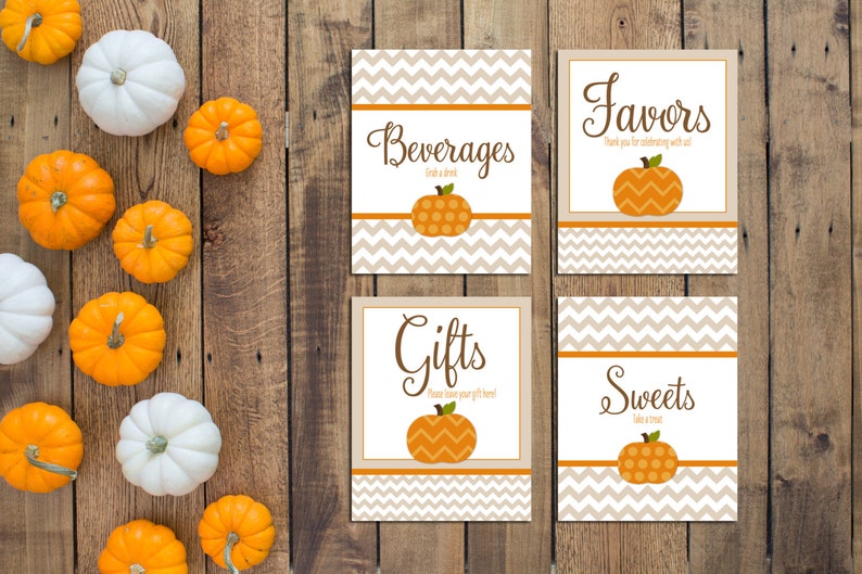 Little Pumpkin Baby Shower Signs Little Pumpkin Shower Little Pumpkin Decor Tan Chevron Stripes INSTANT DOWNLOAD Printable image 1