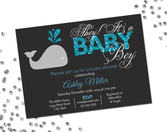 Little Whale Baby Shower Invitation - Ahoy Its a Baby Boy - Blue Glitter Grey Whale 1 - Dark Grey Background - Printable