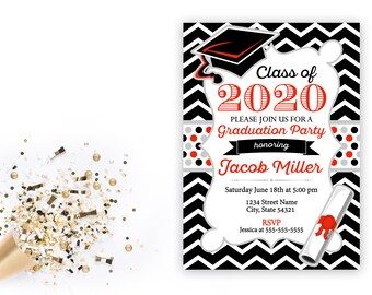 Graduation Party Invitation - Class of 2020 - High School College Graduation - Black White Red - Digital Email Printable