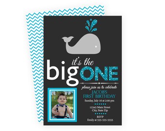 Whale First Birthday Party Photo Invitation - Big One - Blue Glitter Image Dark Grey - Chevron Stripes BACKSIDE INCLUDED - DIY - Printable