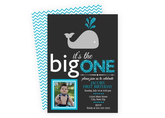 Whale First Birthday Party Photo Invitation - Big One - Blue Glitter Image Dark Grey - Chevron Stripes BACKSIDE INCLUDED - DIY - Printable Il_570xn