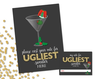 Ugly Sweater Party Voting Sign and Cards - Ugly Sweater Holiday Party - Christmas Martini - Gold Red Green  - INSTANT DOWNLOAD - Printable