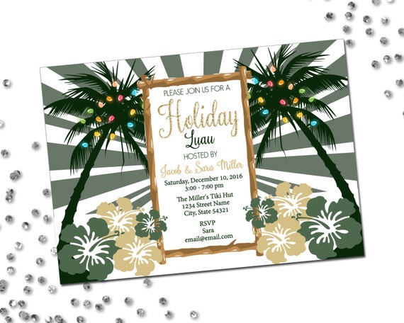 Holiday Luau Invitation - Luau Holiday Invite - Christmas Luau - Holiday Party - Lights Palm Trees - Green White Gold - Printable Il_570xn