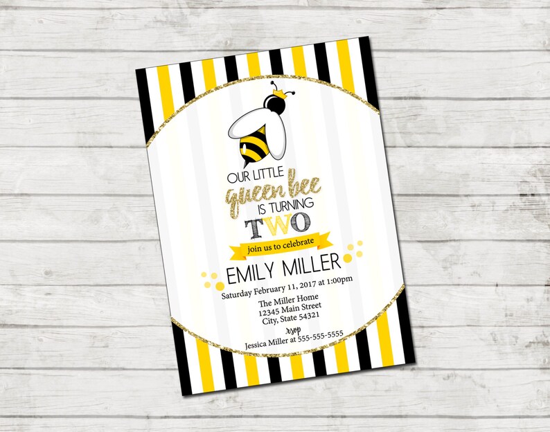 Bee Birthday Party Invitation Queen Bee Birthday Invite Bee Invitation Stripes Yellow Black Gold Printable image 1